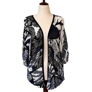 Chico's cardigan black blue white paisley ribs open front short sleeve Sz 1 US M